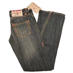 True Religion Women's Straight Leg Jeans - Dark Blue with Orange Stitching